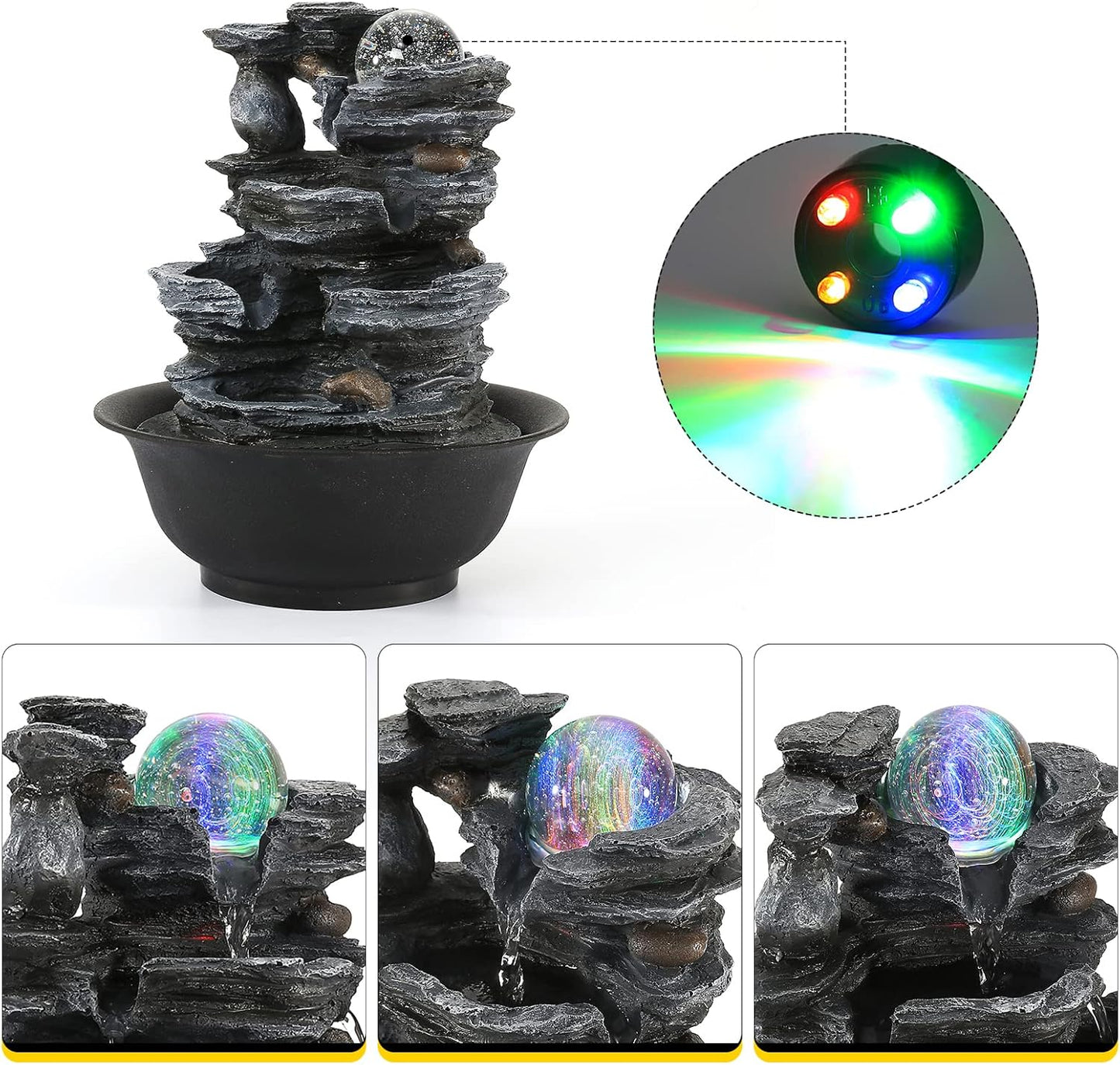 Dyna-Living Tabletop Water Fountain Indoor Waterfalls Fountains with Colored LED Light Decorative Feng Shui Tabletop Fountain with Automatic Pump Best Home Gifts for Friends or Family