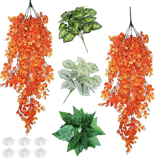 Hamiledyi Reptile Plants 5 Pcs Climbing Terrarium Plant with Suction Cup Artificial Decor for Snake Cage Bearded Dragon Tank Accessories for Lizard, Leopard Gecko, Chameleon, Snake (Orange)