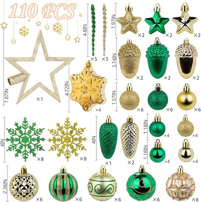 110Pcs Christmas Ball Ornaments Set, Assorted Green and Gold Christmas Ornaments for Xmas Tree, Shatterproof Plastic Baubles Hanging Decorations for Holiday/Party/Wedding
