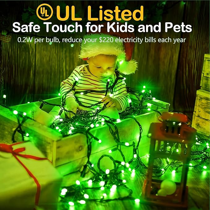 XURISEN Christmas Lights Outdoor 197FT 500 LED Green Wire String Lights 8 Modes with Timer Memory Waterproof Fairy Light Plug in for Xmas Tree Wedding Yard Party Holiday Decorations(Green)