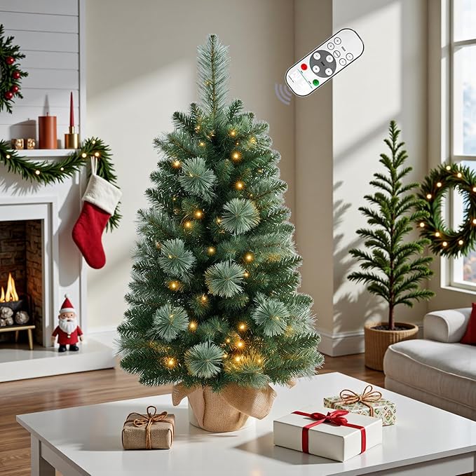 3FT Pre-lit Artificial Small Mini Christmas Tree with Warm White Multi-Color LED Lights, Remote Control and Timer, Perfect for Xmas Tabletop Decorations, Home, Kitchen, Dining Table top Green