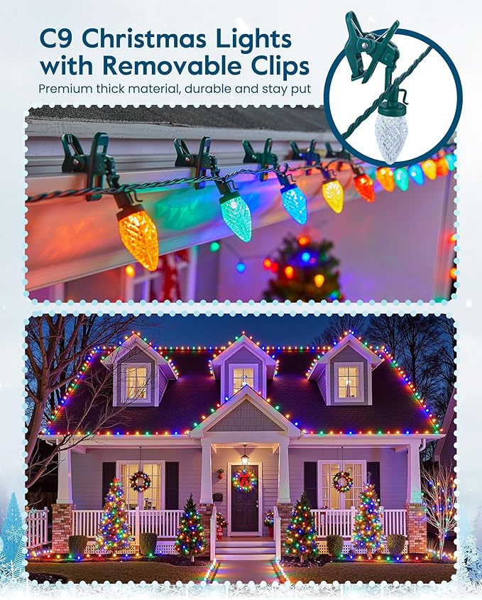 C9 LED Christmas Lights Outdoor with 100 Spring Clips, 81FT 100 LED C9 String Lights Waterproof Connectable for Outside Roofline Patio House Yard Windows Outdoor Christmas Decorations, Multicolor