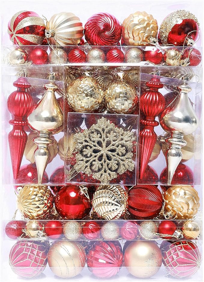 Christmas Tree Ornaments Decorations Set-116ct 1.18-6.5 Inch Assorted Red Gold Shatterproof Decorative Hanging Christmas Ball Ornaments Bulk,Xmas Tree Tabletop Decorations for Holiday Decor