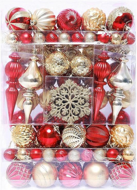 Christmas Tree Ornaments Decorations Set-116ct 1.18-6.5 Inch Assorted Red Gold Shatterproof Decorative Hanging Christmas Ball Ornaments Bulk,Xmas Tree Tabletop Decorations for Holiday Decor