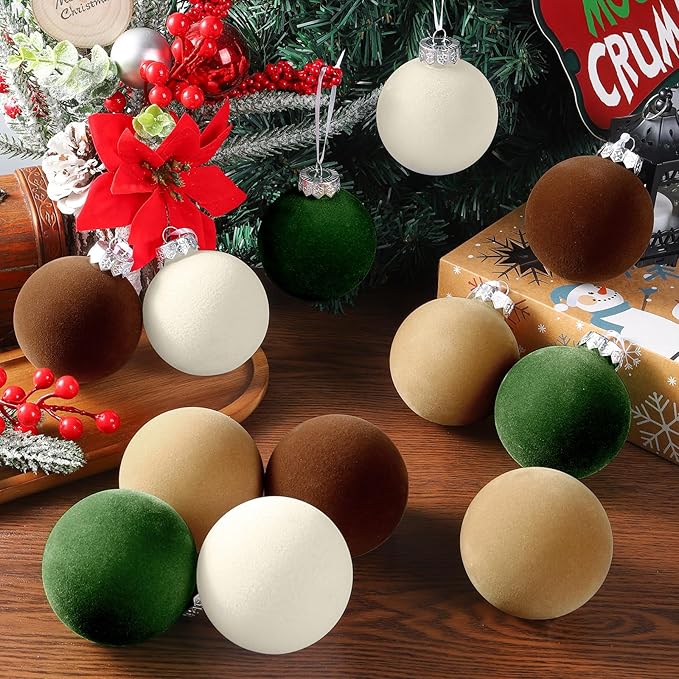 YUJUN 12 PCS Christmas Large Velvet Balls Ornaments 2.36In Shatterproof White Green Tree Hanging Plastic Ball Set Xmas Bulk Flocked Ornaments for Christmas Tree Home Party Wreath Decorations