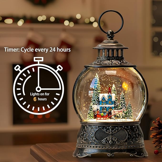 Christmas Snow Globes Christmas Water Lantern with Carriage Blue Church, Music & 6H Timer, USB Lined/Battery Operated Lighted Lanterns for Xmas Festival Decoration Gifts