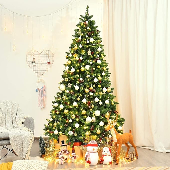 Happygrill 7.5 Feet Christmas Tree Hinged Artificial Christmas Tree with Sturdy Metal Stand Pine Cones and Red Berries, 1526 Branch Tips Xmas Tree for Home Office