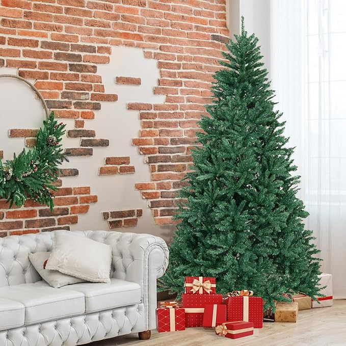 HAPPYGRILL 7.5FT Artificial Xmas Tree, Hinged Fake Xmas Tree with 2254 PVC Branch Tips, Foldable Metal Stand, A Pair of Gloves, Seasonal Decoration Tree for Home Office Party Festival