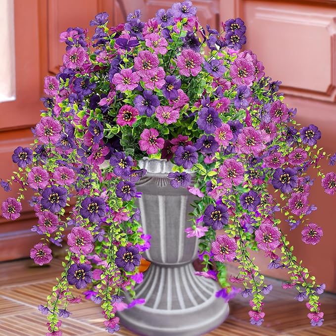 Artificial Flowers for Outdoors 6PCS，All Weather Fade Proof, UV Resistant Waterproof Realistic Faux Silk Mums Daisies Double Purple for Hanging Planters Porch Patio Balcony Deck Fence Garden Decor