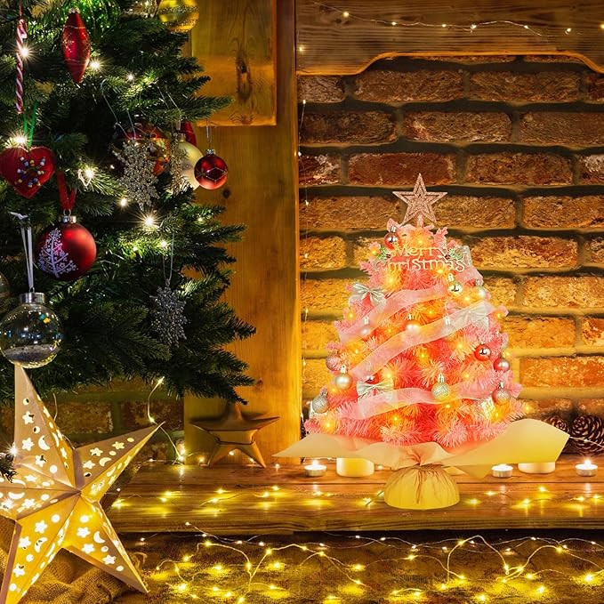 20" Mini Pink Christmas Tree, Artificial Small Christmas Tree with Lights, Tabletop Christmas Tree with Star Treetop,Bow Boxes and Ball Ornaments for DIY Christmas Decoration (Pink)