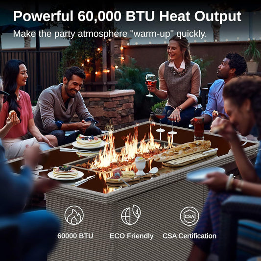 EAST OAK 44'' Propane Fire Pit Table, 60,000 BTU Gas Fire Table w/Aluminum Frame, H Type Burner and Tempered Glass Tabletop, CSA Listed Outdoor Patio Firepit, Fire Glass and Lid, Grey