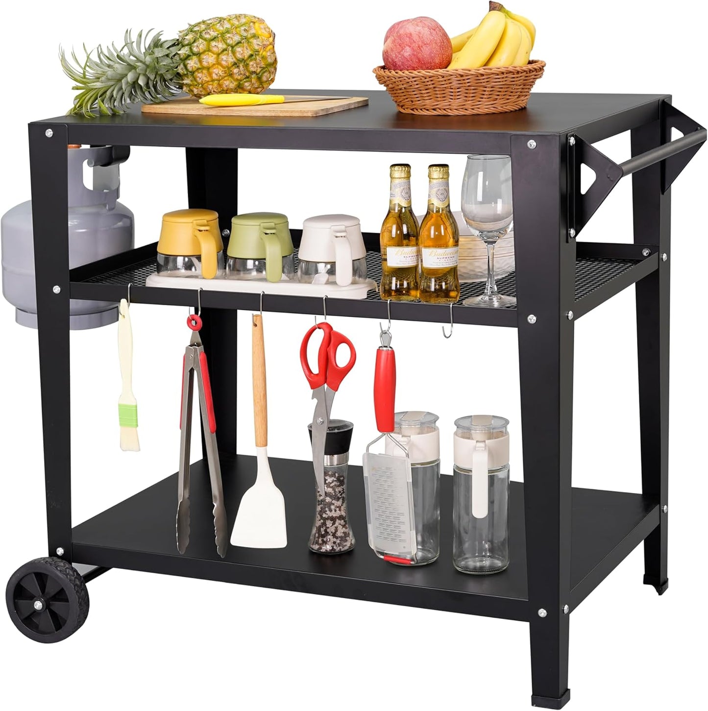 Black Outdoor Grill Cart with Wheels, Heavy-Duty 3-Tier BBQ Prep Table for Pizza Oven, Griddle, Patio – Rustproof Commercial Kitchen Cart with Tool Hooks