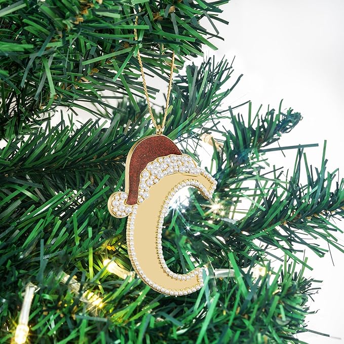 2025 Christmas Letter Ornaments, Letter C Ornaments for Xmas Tree, Hanging Christmas Red Hat Ornament for Mother Best Friends Sister Wife