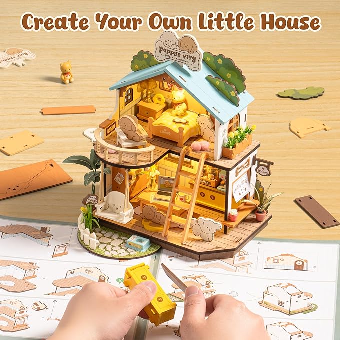 ROBOTIME DIY Miniature House Kit, Mini Wooden Dollhouse Diorama Model, Tiny House Building Kits,Birthday Christmas Craft Hobbies Gift for Teens Kids and Friends（Puppy's Cozy Villa）