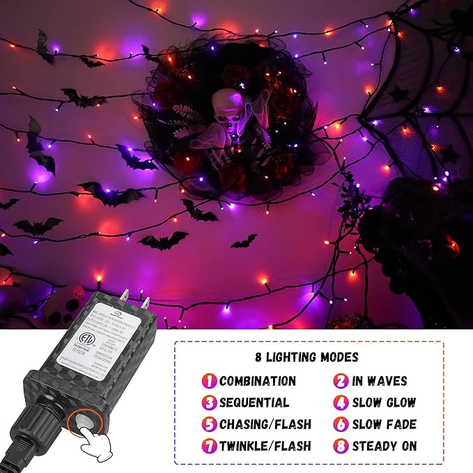 100LED Halloween String Lights 33 Ft Orange Purple Twinkle Light with 8 Modes Waterproof for Indoor Outdoor Party Garden Decor