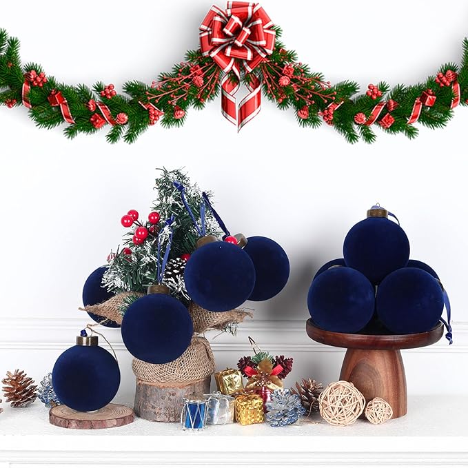 12 Pcs Velvet Christmas Balls Bulk Shatterproof Plastic Christmas Tree Decorations for Decorative Hanging Baubles (12, Navy Blue, 2.36Inch)