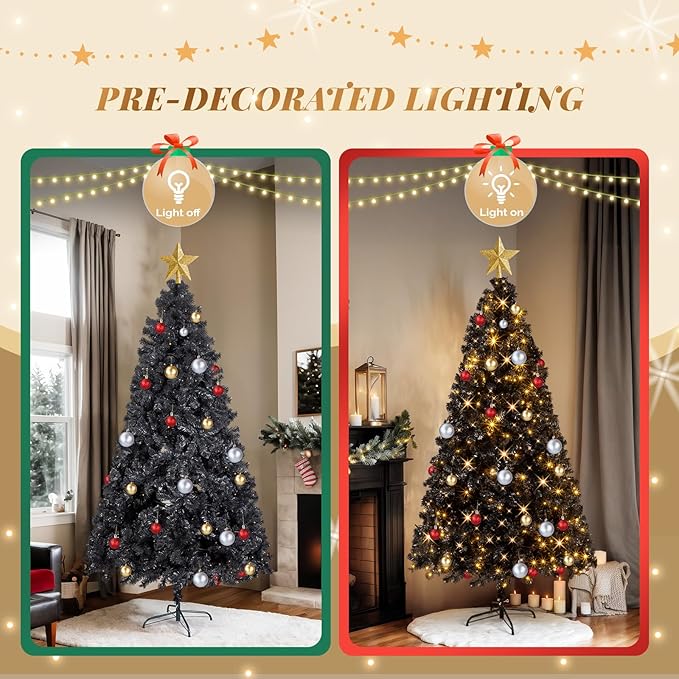 VINGLI 7ft Black Artificial Christmas Pine Tree with 400 Warm White Lights, Pre-Lit Xmas Tree with 1350 Full Branch Tips, Sturdy Metal Stand, 8 Color Modes for Holiday & Party Decor