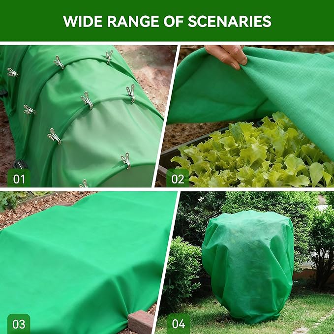 Plant Covers Freeze Protection kit，1.8 oz/yd²-10 ft x 33 ft Thickened Floating Row Cover for Outdoor Plants With 20 clips and 10 stakes staples& gasket & 1 Pick Hook, Winter Frost Protection(Green)