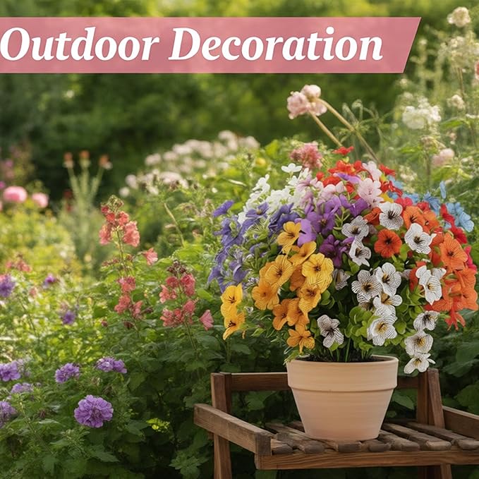 ilauke 9 Bundles Artificial Flowers for Outdoors, Fake Flowers UV Resistant, No Fade Faux Flower Plants 9 Colors with Eucalyptus, Plastic Flower Outside Planter Garden Porch Patio Home Wedding Decor