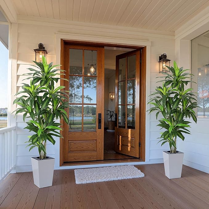 Artificial Dracaena Plant 6ft with White Tall Planter, Potted Artificial Dracaena Silk Plant, Fake Yucca Tree Plant, Home Office Floor Room Decor Plants Indoor Outdoor, Housewarming Gift