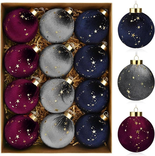 Christmas Tree Ornaments Velvet Balls - 12 Pcs Shatterproof Christmas Tree Hanging Bulbs Decorations Set for Holiday Party Xmas - Multicolor Rouge Blue Grey - 3.15 Inch (80mm)