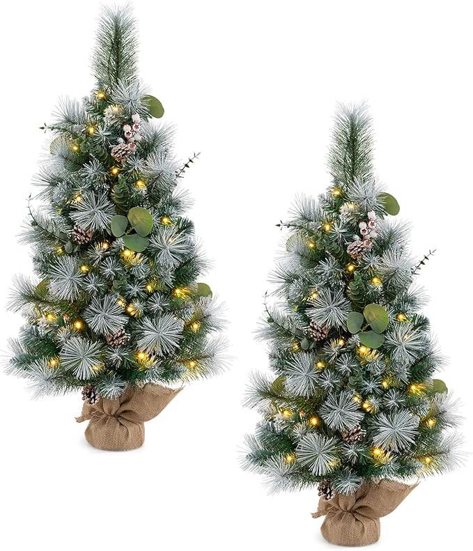 HAPPYGRILL 3 FT Tabletop Artificial Christmas Tree Set of 2, Fake Tree with Pine Needles, Eucalyptus Leaves, Pine Cones, White Berries, Green Xmas Tree with 30 Warm White LED Lights