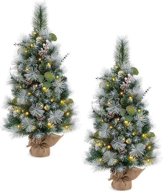 HAPPYGRILL 3 FT Tabletop Artificial Christmas Tree Set of 2, Fake Tree with Pine Needles, Eucalyptus Leaves, Pine Cones, White Berries, Green Xmas Tree with 30 Warm White LED Lights