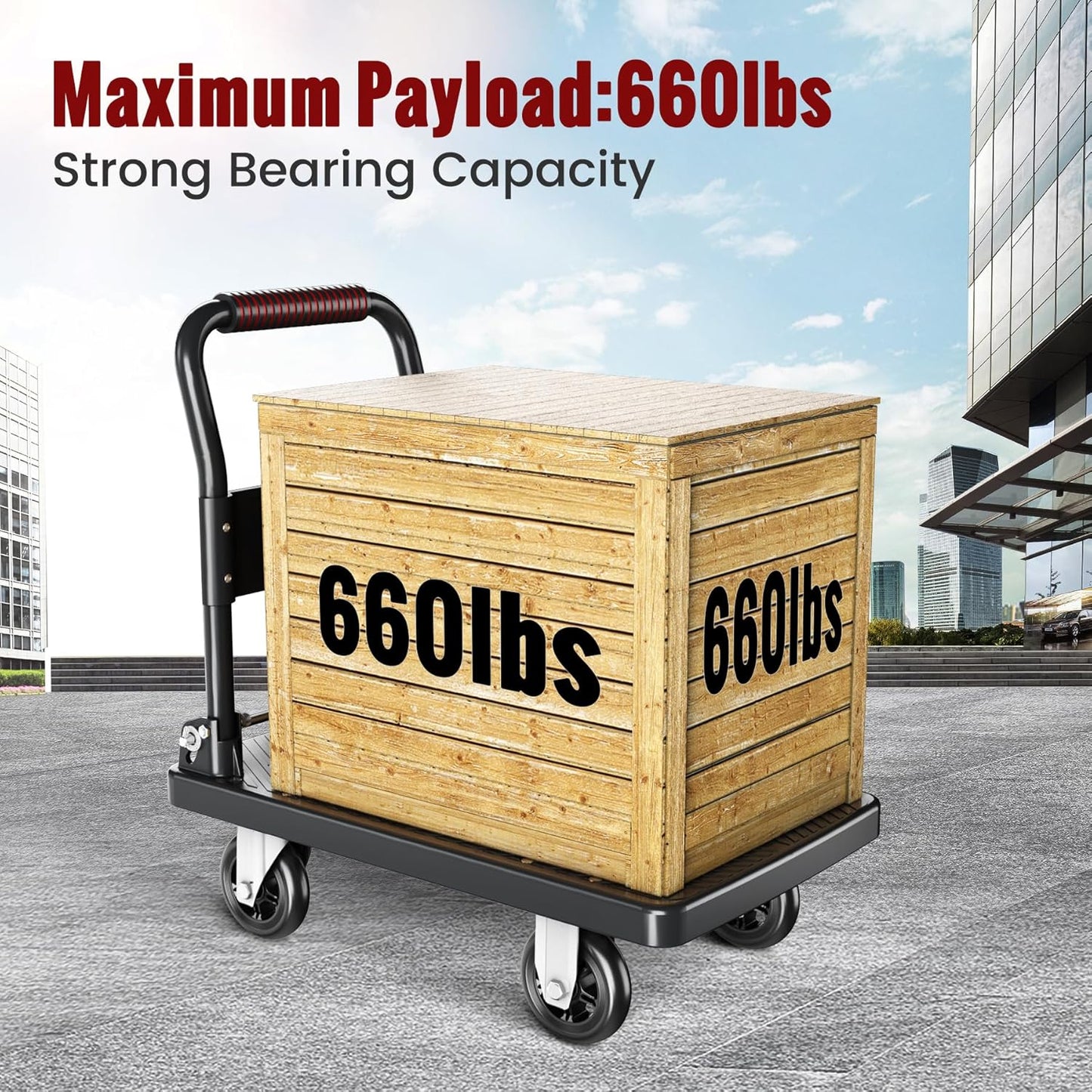 Upgraded Foldable Push Cart Dolly | 560 lbs.Capacity Moving Platform Hand Truck | Foldable for Easy Storage | 4'' PU 360 Degree Swivel Silent Wheel-Black