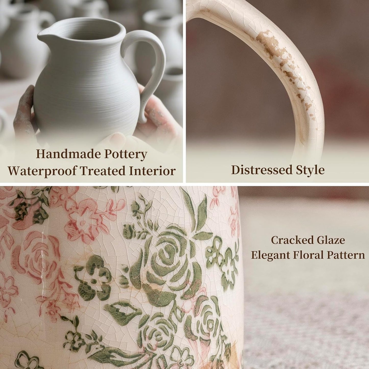 Vintage Ceramic Pitcher Vase with Handle, Farmhouse Green and Pink Large Floral Vases, Chinoiserie Decorative Vase, Rustic Table Centerpiece for Home Decor Living Room, Bookshelf, Office 10.5 Inch