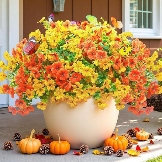 20 Bundles Artificial Flowers for Outdoors‌ with 6 Faux Butterflies, UV Resistant Fake Flowers‌ with Eucalyptus Leaves, Artificial Plants Outdoor‌ for Patio Garden Porch Home Decor (Orange Yellow)