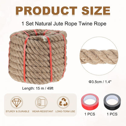 MECCANIXITY Jute Rope 1.4 Inch x 49ft, Thick Twine Rope Ropes Braided Jute Twine Natural Brown Burlap Cord String Heavy Twisted with Tapes for Decorative Crafts Railing Swing Tug of War