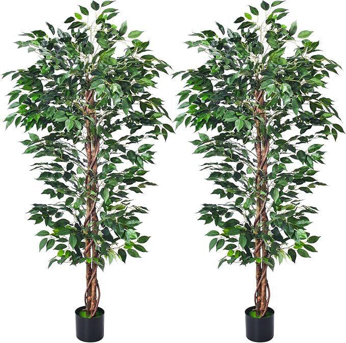 Artificial Ficus Tree 5FT Faux Silk Plants with Sturdy Plastic Nursery Pot,Fake Ficus Trees for Home Office Farmhouse Indoor Outdoor Decor Perfect Housewarming Gift (5FT-2Packs)