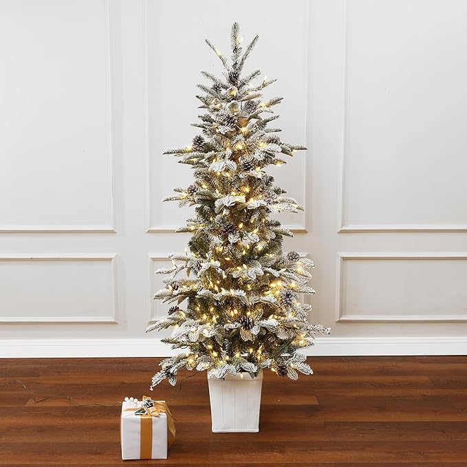 LuxenHome 5FT Small Potted Christmas Tree, Flocked Christmas Tree with Pot, Prelit Artificial Xmas Trees with 300 LED Lights and Pine Cone, Lighted Pine Trees for Indoor, Outdoor Holiday Display