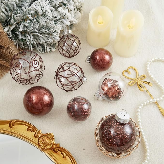 Wironlst Christmas Ball Ornaments Shatterproof Clear Large Plastic Hanging Ball Decorative Baubles Set with Stuffed Delicate Decorations (Multi-Siz, Brown)