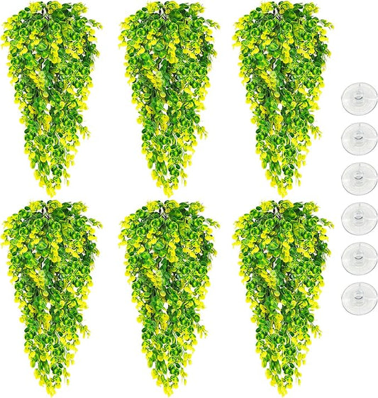 Hamiledyi 6 PCS Reptile Plants Hanging Terrarium Plants Artificial Leaves Habitat Decorations with Suction Cup Green and Yellow Fake Amphibian Plants for Bearded Dragon Lizard Geckos Chameleon