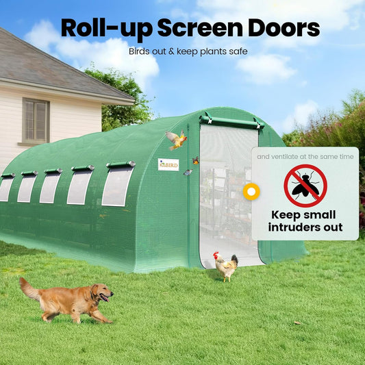 KING BIRD Premium 25x10x6.6FT Greenhouse for Outdoors, Large Walk-in Heavy Duty Galvanized Steel Frame, Mesh Door Screen Window Upgraded Zipper Tunnel Hoop for Garden Plant Winter, Green