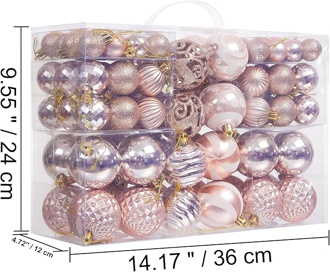 100Pcs Christmas Ball Ornaments Set, Assorted Shatterproof Christmas Tree Balls, Decorative Hanging Baubles Set for Holiday Weeding Party Home Decorations, Rose Gold