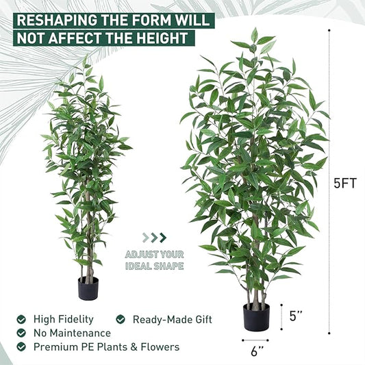 Ficus Artificial Tree -5FT Faux Eucalyptus Trees with Pots, Green Lifelike Leave for Fake Floor Plant,Realistic Artificial Plants Indoor Outdoor Office