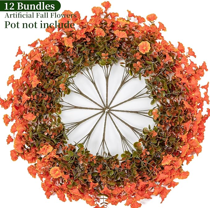 Lnoicy Artificial Fall Mums 12 Bundles Eucalyptus Fake Flowers for Planter,Fake Morning Glory for Halloween Home/Porch/Garden Decoration (Fall Orange)