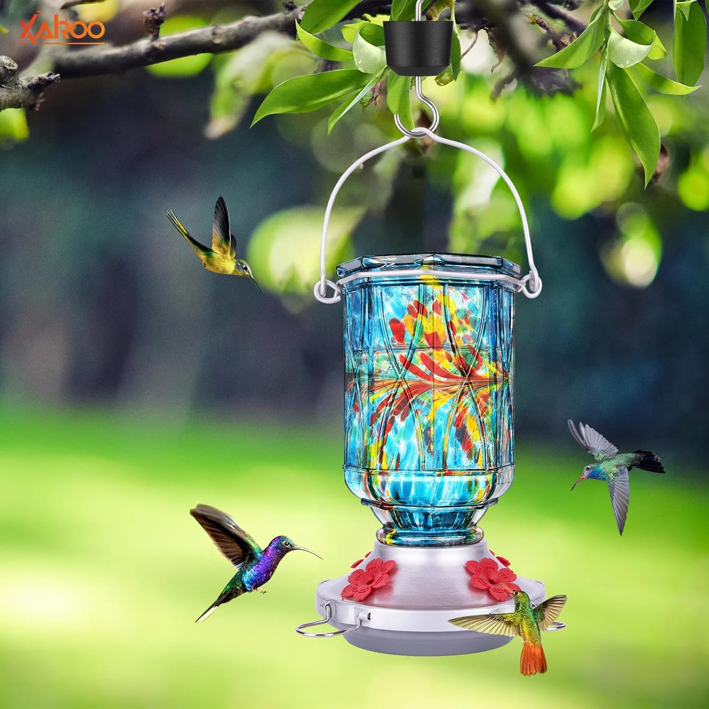 Hummingbird Feeders for Outdoors with Ant Moat, Hand Blown Glass Hummingbird Feeder, 4 Feeding Ports with Perch, Outdoor Garden Décor, 15 OZ, Blue, Gifts for Mom Wife Dad Men Women