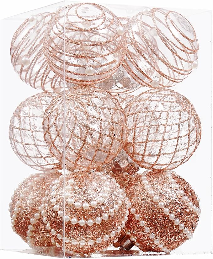 12CT Christmas Ball Ornaments Rose Gold Shatterproof Clear Large Plastic Christmas Tree Decoration, Delicate Hanging Ornaments for Xmas Party, Wedding, Holiday and Home Décor(70mm/2.76")