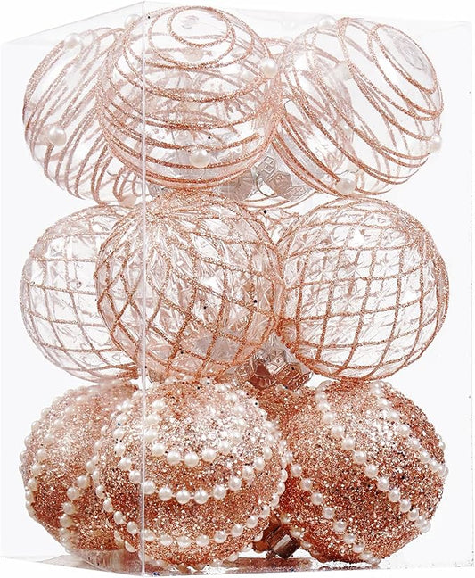 12CT Christmas Ball Ornaments Rose Gold Shatterproof Clear Large Plastic Christmas Tree Decoration, Delicate Hanging Ornaments for Xmas Party, Wedding, Holiday and Home Décor(70mm/2.76")
