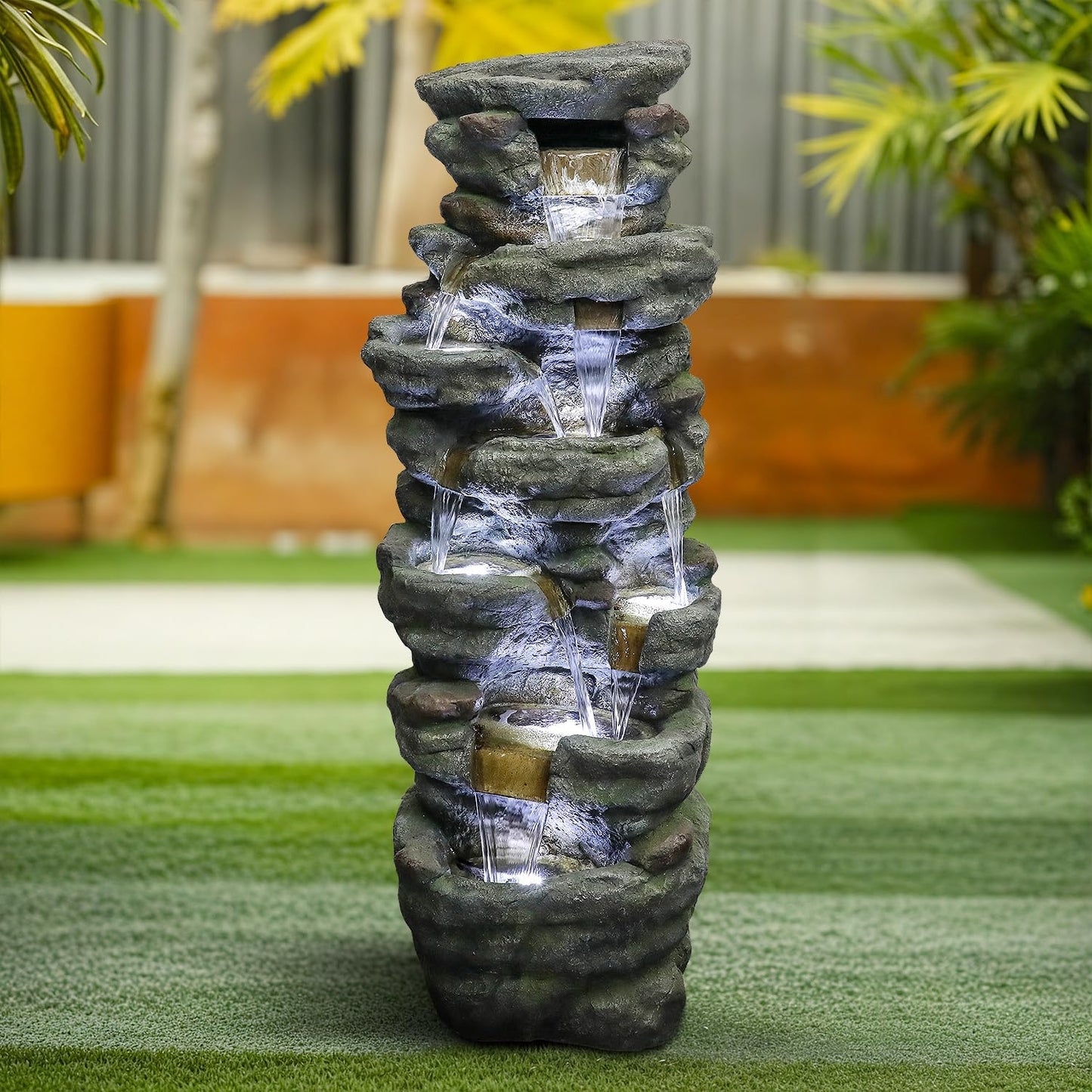 SunJet 51" High Multi-Tiers Cascading Rock Outdoor Water Fountain with LED Lights - Large Outdoor Resin Fountains and Waterfalls for Garden or Patio, Yard, Deck Decor, Featuring Natural Stone Look