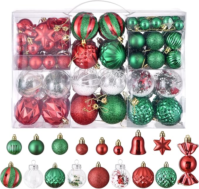 111-Pack Christmas Balls Ornaments, Assorted Shatterproof Christmas Ornaments Set, Xmas Seasonal Luxurious Hanging Pendants for Christmas Tree Party Holiday Indoor Decor (Assorted,Green,red)