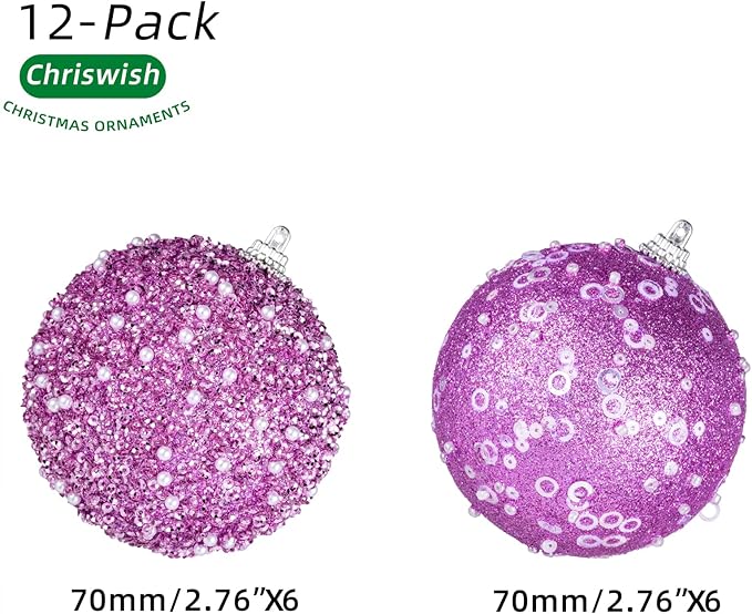 12CT Christmas Ball Ornaments, Purple Christmas Ball Decorations Shatterproof Plastic Hanging Pearl Balls for Holiday Party(70mm/2.76")