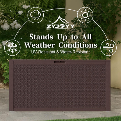 90 Gallon Resin Deck Box, Weatherproof Outdoor Storage Box for Patio, Garden, Pool, and Yard, Lockable Waterproof Bin for Tools, Cushions, and Accessories, Brown