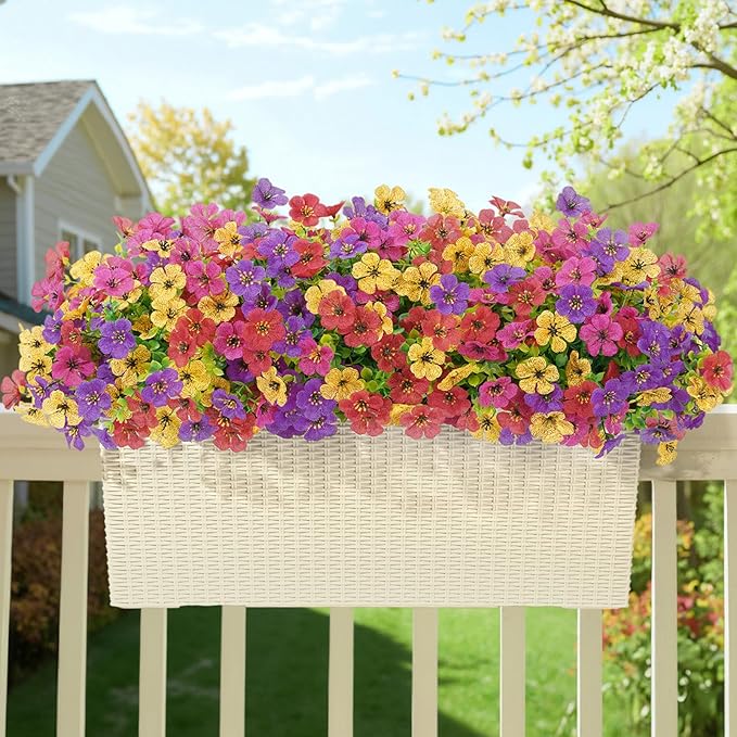 Lifewit Artificial Flowers for Outdoor Indoor, 24 Bundles Plastic Fake Flowers Daisy with Eucalyptus Leaves for Home Garden Decor, Porch, Window Box(Mix for Fuchsia Purple Yellow Red)