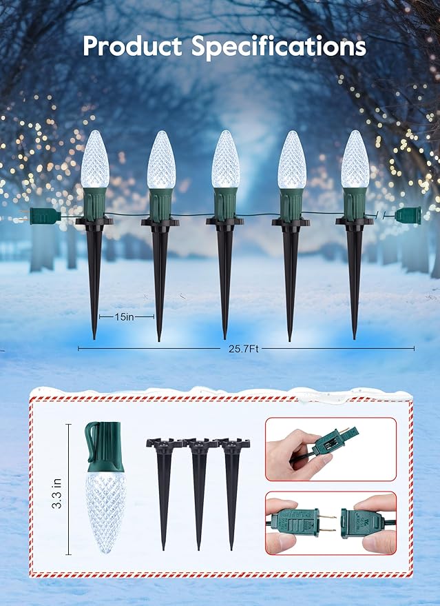 Brightown C9 Christmas Lights Outdoor, 25.7 Ft Strawberry C9 Christmas Pathway Lights with 20 LED Bulbs and Stakes, Christmas Decorations Outside Walkway Sidewalk Holiday, Pure White