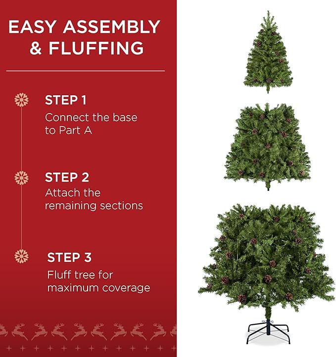 Best Choice Products 9ft Pre-Decorated Holiday Christmas Tree for Home, Office, Party Decoration w/2,028 Tips, Pinecones, Metal Base – Green