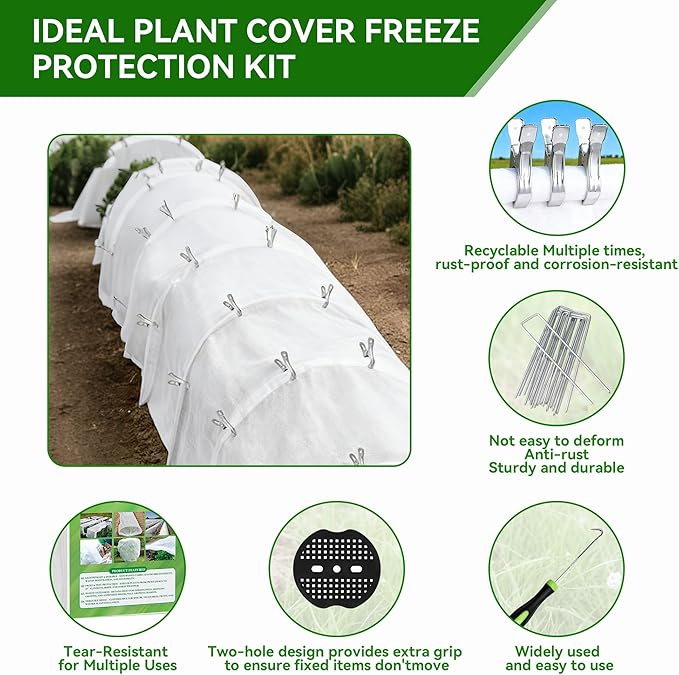 10 FT x 33 FT Plant Covers Freeze Protection kit - 1.8 oz/yd² Thickened Frost Cloths Blankets with Garden Row Cover Accessories for Outdoor Plants, Protect in Winter Cold/Sun Pests (White)